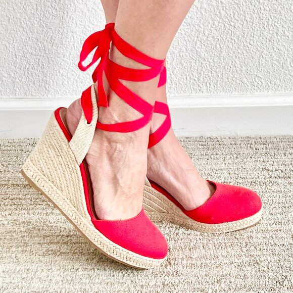 Source Unknown Shoes - Women's US 8.5 Red Espadrille Lace-Up Ankle Ribbon Bow Slingback Summer Heels